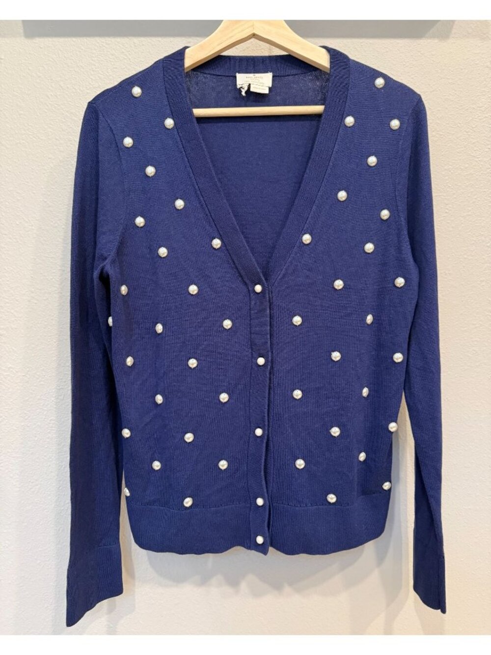 Kate Spade Cashmere Silk Blend Pearl Embellished Cardigan Sweater Large Blue